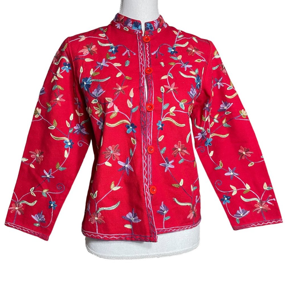 Floral Embroidered Cotton Jacket PXS Petite XS Canvas Mandarin Collar Rainbow